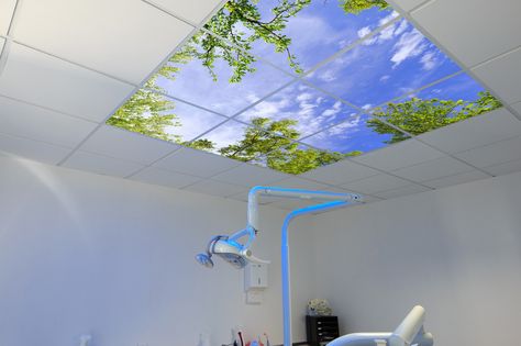 green design, eco design, sustainable design, green lighting, led lights, skylights, faux skylight, simmer design Dentist Aesthetic, Dental Design Interior, Dental Office Design Interiors, Fake Window, Led Panels, Faux Panels, No Picture, Sky Green, Pharmacy Design