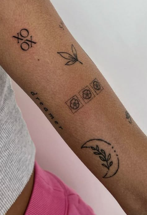 Rectangle Tattoo Design, Pressed Penny Tattoo, Eclectic Tattoos, Boho Sleeve Tattoo, Interlinked Tattoo, 70s Tattoo Ideas, 70s Tattoo, Brown Ink Tattoo, 11:11 Tattoo Ideas