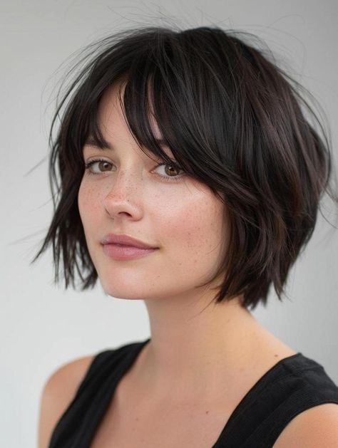 Feathery Bob Hairstyles, Katie Holmes Bob With Bangs, Emma Stone Bob Haircut, Fine Hair Bangs Short, Bob Hair For Fine Hair, 90s Choppy Bob, Edgy Shaggy Bob, Short Bob Inspiration, Millennial Mom Haircut