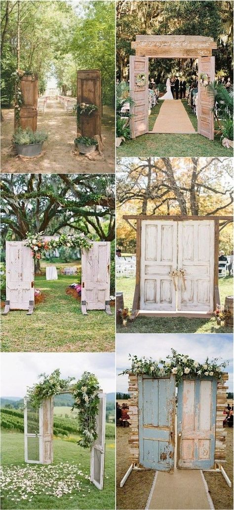 rustic wood old door wedding backdrop and ceremony entrance ideas Old Doors Wedding, Wedding Ceremony Entrance, Rustic Outdoor Wedding Ceremony, Ceremony Entrance, Wedding Doors, Rustic Wedding Ceremony, Entrance Ideas, Rustic Outdoor Wedding, Wedding Entrance