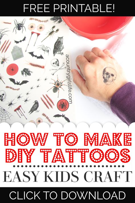 Tattoos At Home, Halloween Kids Activities, Halloween Kids Crafts, Make Temporary Tattoo, Country Girl Life, Diy Tattoo, Printable Halloween, Halloween Crafts For Kids, How To Make Diy