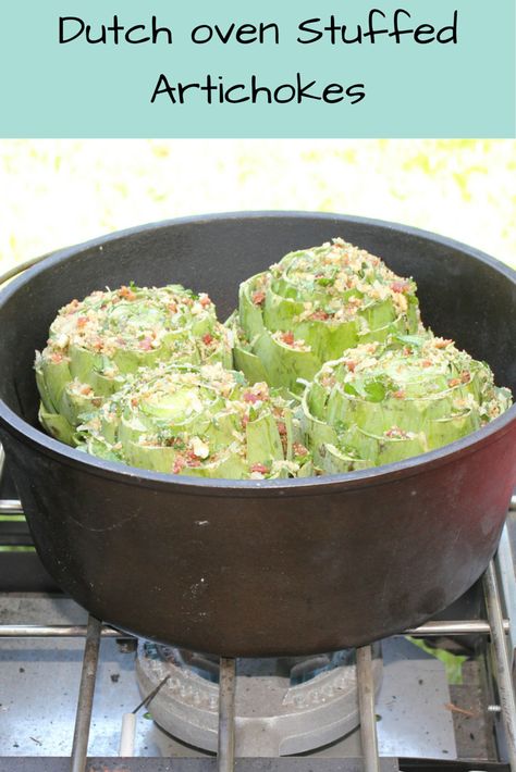 Dutch Oven Artichokes, Campsite Recipes, Ditch Oven, Cooking Artichokes, Dutch Oven Uses, Dutch Oven Recipes Cast Iron, Artichoke Recipe, Vegetable Ideas, Dutch Oven Camping Recipes