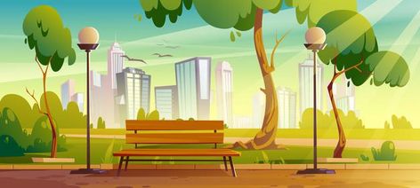 City park with green trees and grass, wo... | Free Vector #Freepik #freevector #tree #city #house #building Gacha Background, Background Edit, Anime Landscape, Spring Scenery, Background Anime, Town Building, Episode Backgrounds, Winter City, Yellow Tree