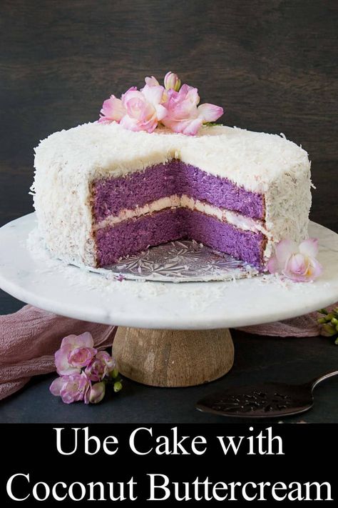 This beautifully vibrant ube cake is soft, moist, and packed with the lovely flavor of purple yam. It's topped with a coconut cream frosting for a melt-in-your-mouth finish and to enhance the natural flavor of ube. Baking Savory, Ube Cake, Coconut Cream Frosting, Condensed Milk Cake, Coconut Buttercream, Cake With Coconut, Cake Frosting Recipe, Purple Yam, Coconut Frosting