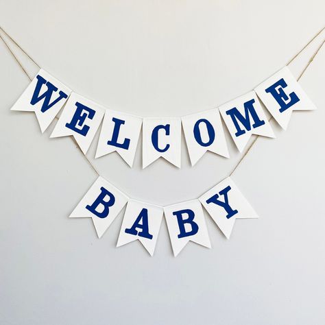 Painted Banner, Welcome Baby Banner, Baby Shower Bunting, Blue Garland, Blue Letters, Baby Bunting, Cute Banners, Baby Banners, Welcome Banner