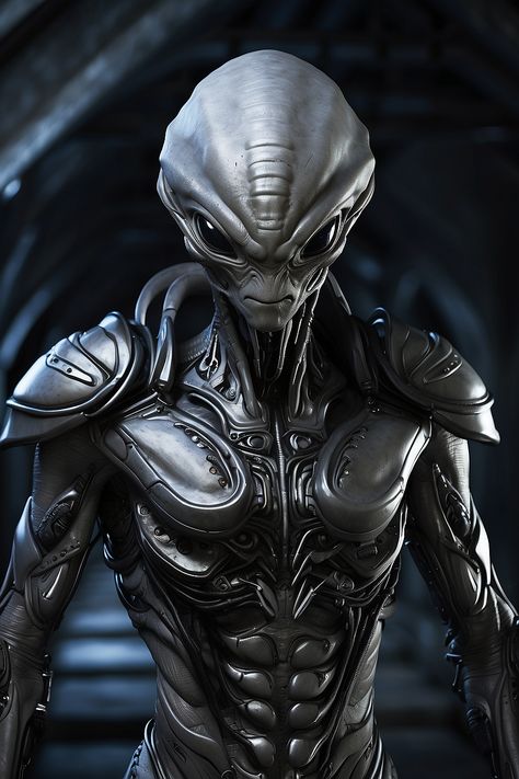 Gray Alien Character Design, Black Leather Armor, Alien Armor, Grey Aliens, Gray Alien, Alien Warrior, Angel Hierarchy, Alien Encounters, Grey Alien