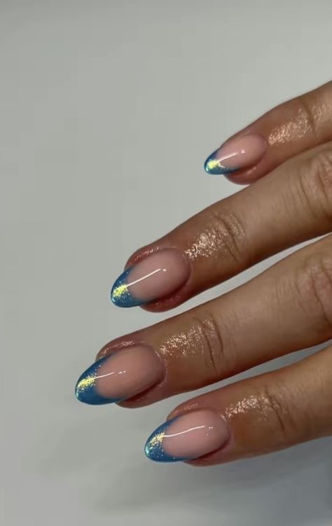 Blue Accent Nail Ideas, Nails For Hoco Blue Dress, Blue Metallic French Tip Nails, Glittery Blue French Tip Nails, Blue French Tip Nails With Chrome, Nails For Blue Hoco Dress, Teal Chrome French Tip Nails, Disco Nail Designs, Hoco Nails Royal Blue