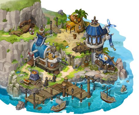 Isometric Illustration Landscape, Fantasy Seaside Town, Isometric Island, Beachside House, Pirate Island, Island Town, Village Photos, Building Concept, Fantasy Island