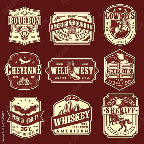 Stock Image: Vintage wild west monochrome emblems set Sheriff Cowboy, Vintage Wild West, Carton Design, Country Backgrounds, Wild West Party, Dark Red Background, Film Props, American Whiskey, Swinging Doors