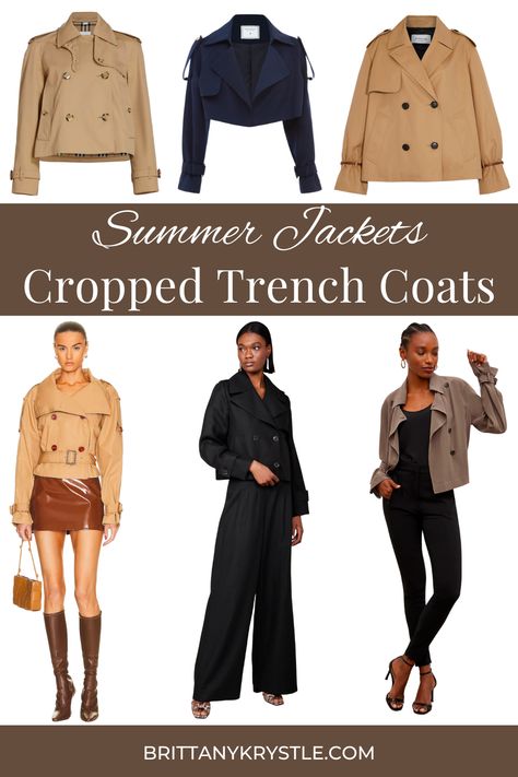 Cropped trench coats are the perfect summer jacket. Stylish, versatile, & lightweight, these are the best cropped trench coats for women this summer 2023. Shop this summer 2023 fashion trend. Cropped Coat Outfit, Trench Jacket Outfit, Cropped Trench Coat Outfit, Lightweight Jackets For Women, Spring Leather Jacket, Summer Trench Coat, Parisian Outfit, Parisian Outfits, Cropped Trench Coat