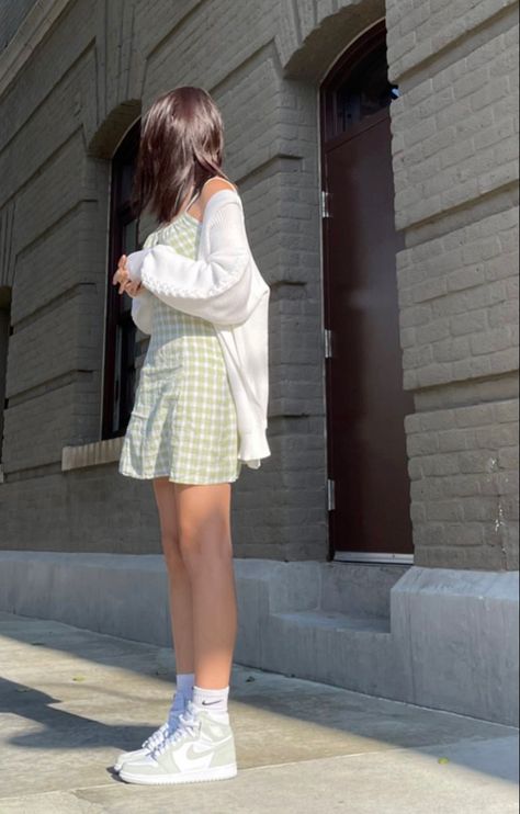 Dress And Cardigan Outfit Aesthetic, Seafoam Jordans, Dress And Jordans Outfit, Green Dress Aesthetic, Sundress Aesthetic, Pastel Green Dress, Julia Ma, Green Dress Outfit, Sundress Outfit