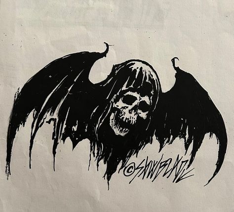 Skinwalker Tattoo Design, Metalcore Tattoo Ideas, Bat Skull Tattoo Design, Bats And Skulls Tattoo, Headless Horseman Tattoo, Southern Gothic Tattoo, A7x Tattoo, Grunge Skull Tattoo, Winged Skull Gravestone Tattoo