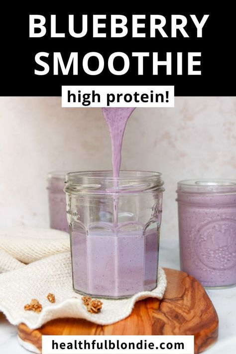 This healthy blueberry banana protein smoothie is packed with 44 grams of protein and is perfect for Summer. It's creamy, refreshing, freezer-friendly, and comes together in less than 5 minutes. Blueberry Banana Protein Smoothie, Yogurt Protein Smoothie, Blueberry Banana Smoothie Recipes, Healthy Protein Smoothies, Blondie Recipes, High Protein Smoothie Recipes, Banana Protein Smoothie, Healthy Hot Chocolate, Refreshing Breakfast