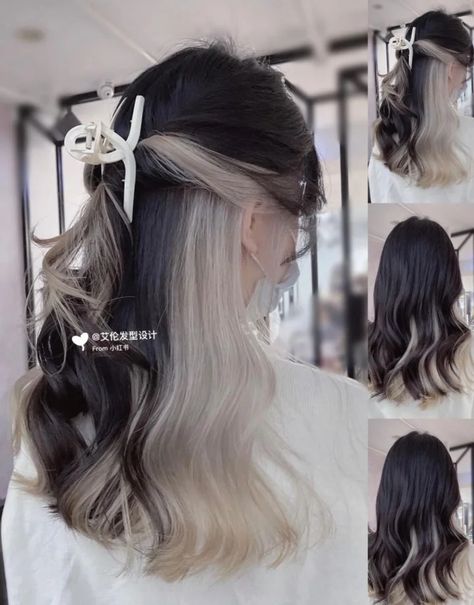 Two Tone Black And White Hair, Peek A Boo Hair Silver, Hair Theory Hairstyles, Underhair Color, Oreo Hair Color, Hair Color Ideas For Tan Skin, Peekaboo Hairstyle, Peek A Boo Hair, Oreo Hair