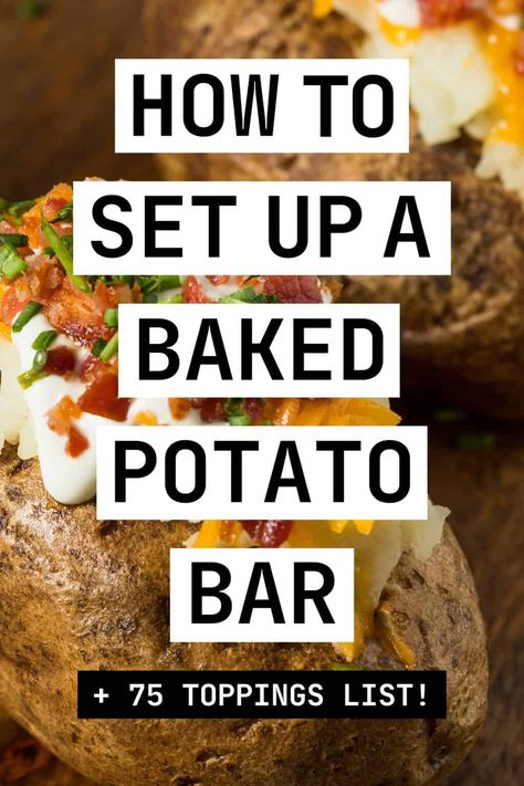 Build the ultimate potato bar with this big list of baked potato toppings! From simple classics to creative combos, there’s something for everyone to enjoy. Toppings For Baked Potatoes Bar, Chili Baked Potato Bar, Bake Potato Bar, Baked Potato Bar Ideas, Potato Bar Party, Potato Bar Ideas, Baked Potato Bar Toppings, Potato Bar Toppings, Bbq Baked Potatoes