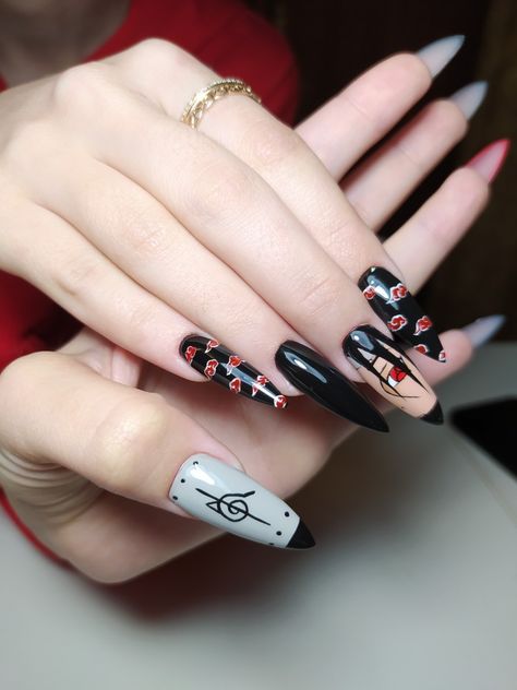 Itachi Nails, Naruto Nail Art, Demon Slayer Nails, Naruto Nails, Trend Prediction, Anime Nail, Stylish Nail Art, Disney Acrylic Nails, Checkered Nails