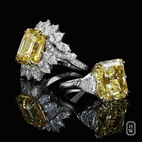 Two extraordinary high jewelry rings set aglow with yellow diamond center stones. Harry Winston Fancy Yellow Diamond Ring, Cushion Cut Diamond Engagement Ring, Yellow Diamond Ring, Yellow Cushion, Elegant Engagement Rings, Yellow Diamond Rings, Fancy Yellow Diamond, Harry Winston, Three Stone Engagement