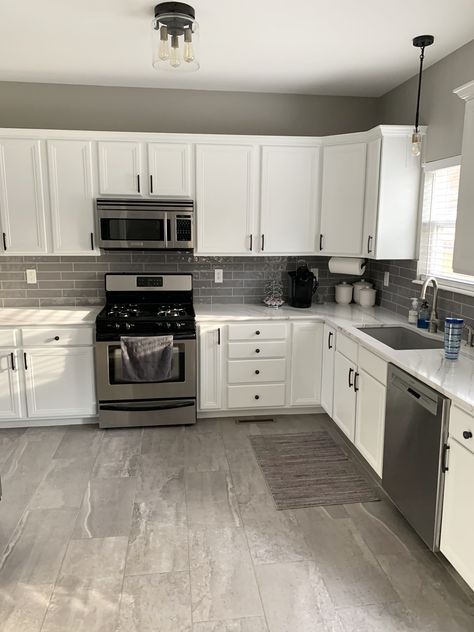 Painted White Cabinets, Grey Subway Tile, Gray And White Kitchen, Diy Kitchen Renovation, Kitchen Ideas Dark Cabinets, Kitchen Ideas Dark, White Kitchen Design, House Design Kitchen, Dark Cabinets