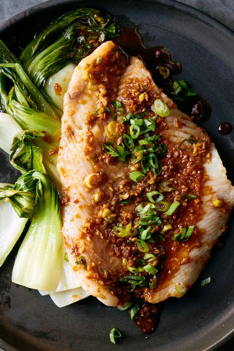 Roasted Fish With Ginger, Scallions and Soy Recipe - NYT Cooking Broiled Pork Chops, Chile Recipe, Roasted Fish, Soy Ginger, Savoury French Toast, Grilled Broccoli, Rotisserie Chicken Salad, Fish Chowder, Roast Fish