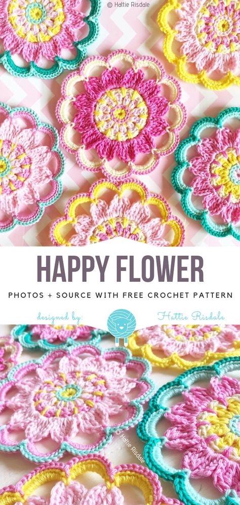 Happy Flower Free Crochet Pattern #crochet #crocheting #crochetpattern #crochetpatterns #freecrochetpattern #freecrochetpatterns #freepattern #crochetdesign #crochetinspiration #crochetideas #crochetgifts  #crochetcollections #crochetbows #crochetdecor #crochetaccessories #crochetbow #crochetflower #crochetflowers Flat Flower Crochet Pattern, Crochet Flower Coaster Pattern, Surface Crochet Flower, Crochet Groovy Flower, Flower Granny Square Lovecraftscrochet, Crochet Flower Squares, Crochet Coasters Free Pattern, Crochet Circles, Happy Flowers