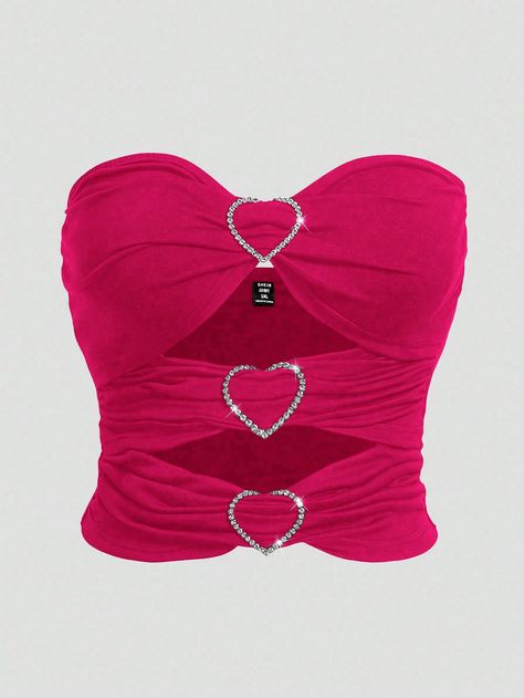 Plus Size Sweetheart Neckline Hollow Out Tube Top With Rhinestone Button Hot Pink Sexy  Sleeveless Knitted Fabric Plain  Slight Stretch Spring Women Plus Clothing, size features are:Bust: ,Length: ,Sleeve Length: Hot Pink Outfit, Hot Pink Fashion, Hot Pink Top, Hot Pink Tops, Cute Nike Outfits, Rhinestone Top, Shein Icon, Fancy Tops, Cruise Outfits