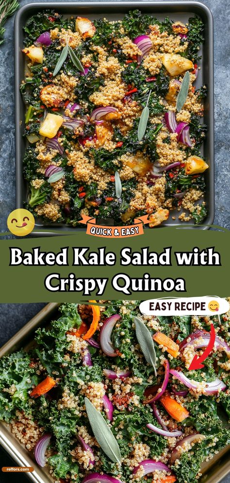 This Baked Kale Salad is a crispy, savory delight. Topped with crunchy quinoa and a tangy dressing, it’s a healthy and satisfying way to enjoy your greens. #KaleSalad #HealthyEating #CrispyQuinoa Kale And Cucumber Salad, Baked Kale Salad, Crispy Quinoa Salad Topping, Quinoa And Kale Recipes, Quinoa Kale Salad Recipes, Crunchy Quinoa, Crispy Quinoa, Baked Kale, Kale Quinoa Salad