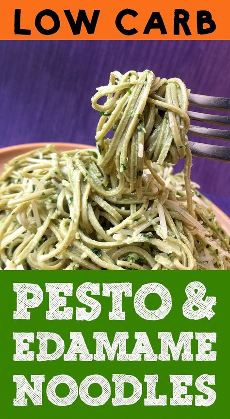 This recipe for Low Carb Edamame Spaghetti with Pesto Sauce is a very tasty high protein, low carb dinner.  It is Atkins, Banting, LCHF, THM-S, Grain Free and Gluten Free compliant.  #resolutioneats #lowcarb #edamame #pasta #pesto High Protein Low Carb Dinner, Pasta With Pesto Sauce, Spaghetti With Pesto, Edamame Noodles, Pesto Pasta Dishes, Edamame Spaghetti, Edamame Pasta, Pasta With Pesto, Parsley Pesto