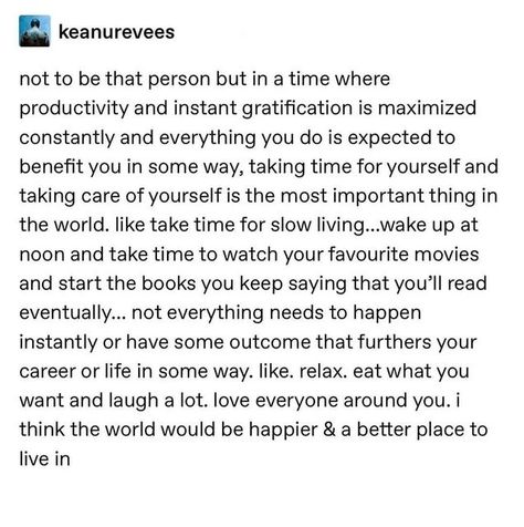 areeba ✨ on Instagram: "i occasionally feel low when i'm on holidays and this explains why - i tend to base my self worth off my sense of productivity, which understandably drops during holidays. i feel guilty and restless at the concept of not doing work and feels as though i'm wasting time, and my mood darkens (cr: keanurevees on tumblr)" Feeling Restless, I Feel Guilty, My Mood, My Self, Self Worth, Hard Times, Quotes About Strength, Wasting Time, On Tumblr