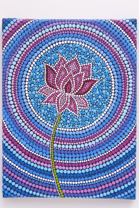 Lotus Flower painted by MelindaArt, dot painting, acrylic paint on canvas 18 x 24 cm Lotus Mandala Dot Painting, Dot Painting Lotus Flower, Indian Dot Painting, Lotus Dot Mandala, Dot Art Painting Canvases, Flower Dot Painting, Flower Dot Art, Acrylic Dot Painting Ideas, Dot Painting Flowers