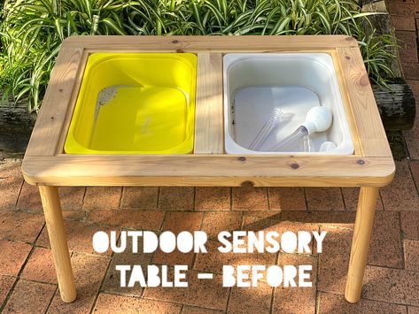 Ikea Flisat Sensory Table for Montessori DIY outside play for toddlers (2) Ikea Sensory Table Diy, Diy Water Sensory Table, Diy Ikea Flisat Table, Wooden Sensory Table, Ikea Water Table, Diy Outdoor Sensory Table, Diy Outside Play, Outdoor Sensory Table Ideas, Diy Flisat Table