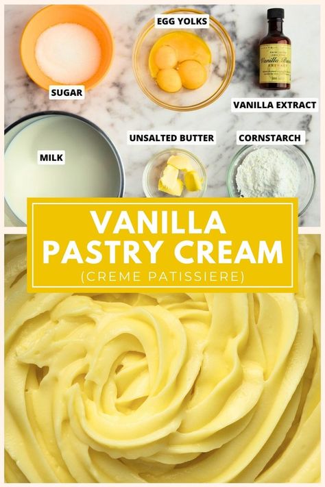 Indulge in the creamy elegance of homemade vanilla pastry cream! Perfect for filling pastries, layering desserts, or frosting cakes, this foolproof recipe is a delightful addition to any dessert. With simple ingredients and easy steps, you can elevate your baking with this luscious vanilla-infused treat. Find out how to make this delectable pastry cream for your next dessert creation! Cream For Puff Pastry, Vanilla Cream Recipe, Pastry Filling Recipe, Vanilla Cream Filling Recipe, Baked Goods Easy, Italian Pastry Cream Recipe, Whip Cream Recipe, Vanilla Pastry Cream Recipe, Cream Pastries