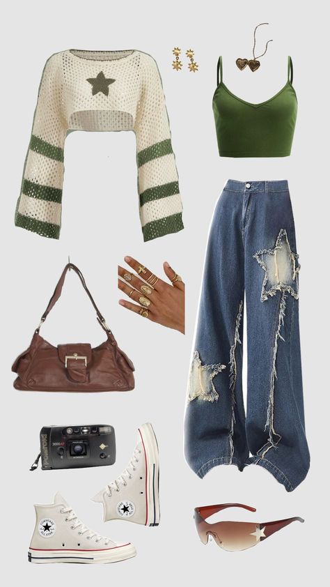 #fashioninspo #fashion #jeans #stargirl #coolgirlaesthetic #y2k #aesthetic #starjeans #denim #green Green Outfit Inspo Aesthetic, Wardrobe Remodel, Y2k Jeans Outfit, Green Y2k Outfit, Vintage Y2k Outfits, Stargirl Outfits, Shifting Outfits, College Clothes, Estilo Hipster