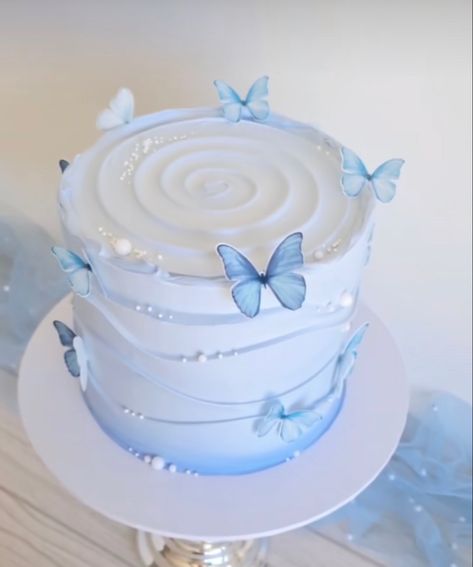 Blue Butterfly Birthday Party, Light Blue Cake Design, Blue Butterfly Birthday Cake, Blue Cake Designs Birthday, Blue And Gold Butterfly Cake, Blue And Purple Cake, Light Blue Birthday Cake, Sky Blue Bday Cake, Blue Butterfly Cake Ideas