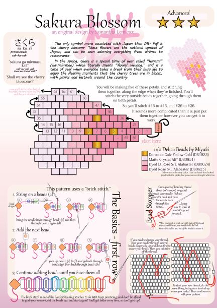 Bead Pattern: Sakura Blossom ★★★ – Sam in Japan Bead Painting, 3d Beading, Seed Bead Bracelet Patterns, Bead Flowers, Beaded Necklace Patterns, Japanese Word, Beading Patterns Free, Beaded Bracelets Tutorial, Beaded Jewlery