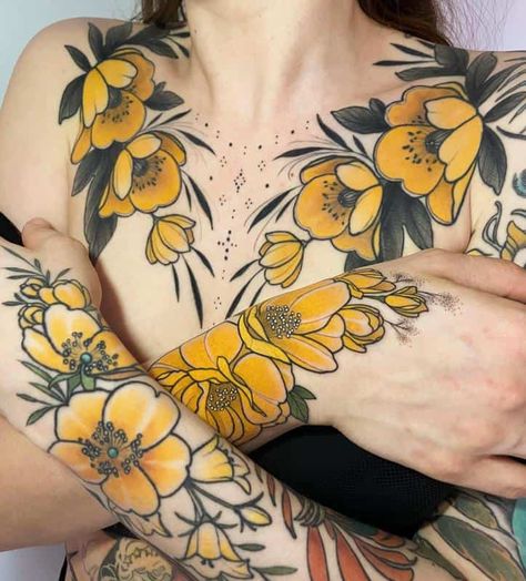 Neo-Traditional Flower Design 1 Chest Tattoo Female Upper, Traditional Chest Tattoo, Brust Tattoo Frau, Botanical Tattoo Design, Tato Dada, Traditional Tattoo Flowers, 4 Tattoo, Chest Tattoos For Women, Chest Piece Tattoos