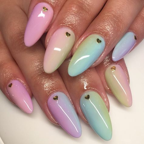 @s.paige.a on Instagram: “Dreamy pastel freestyle ✨🌈💕 . . . . . . . . Used  @apresnailofficial #gelx  @daily_charme gold heart studs  @the_gelbottle_inc…” Pastel Colored Nails, Degrade Nails, Pastel Color Nails, Nails Airbrush, Faded Nails, Ombre Nail Art Designs, Gold Glitter Nails, Gold Heart Studs, Airbrush Nails