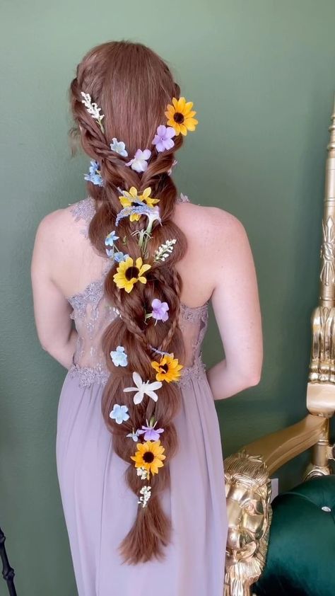 Long Rapunzel Braid, Tangled Braid Rapunzel Hair, Rapunzel Braid Hairstyle, Side Braid With Flowers, Tangled Hairstyle, Tangled Braid, Rapunzel Inspired Hair, Tangled Rapunzel Hair, Rapunzel Hairstyle