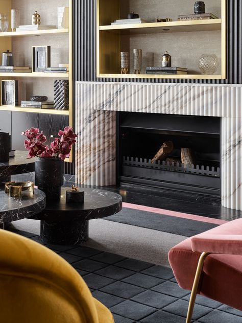 Grey Stucco, Riverfront Home, Greg Natale, Marquina Marble, Nero Marquina Marble, Australian Interior Design, Nero Marquina, Fireplace Remodel, Brass Accents