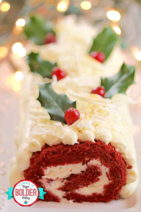 Red Velvet Roulade! It’s such an impressive cake, similar to a yule log, but instead of chocolate it is a Red Velvet Cake rolled up with cream cheese frosting and beautifully decorated with white chocolate curls and leaves on top. And of course, a vibrant red cake definitely says the “holidays.” #redvelvet #holidaycake #holidaybaking #roulade #christmasbaking Roulade Cake, Red Velvet Cake Roll, German Traditions, Fabulous Desserts, Bolo Red Velvet, Roll Cakes, Yule Log Cake, Cake Gluten Free, Bigger Bolder Baking