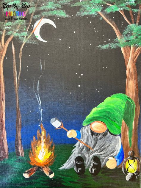 How To Paint A "Camping Gnome" - Step By Step Painting Gnome Paint, Canvas Painting Tutorials, Summer Painting, Canvas Painting Diy, Acrylic Painting Tutorials, Step By Step Painting, Night Painting, Painting Tutorials, Diy Canvas Art Painting