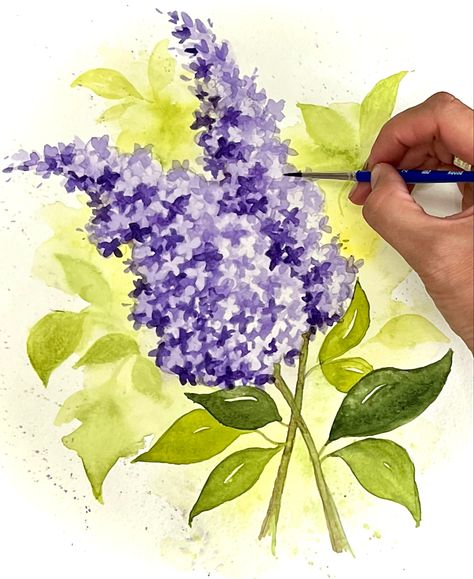 Beautiful Watercolor Lilac Tutorial! Lavender Flower Painting Easy, How To Paint Lilacs In Acrylic, Painting Lilacs Acrylic, Spring Watercolor Tutorials, Purple Flowers Watercolor Painting, Watercolor Lilacs Tutorial, Lilac Painting Easy, Watercolour Botanical Flowers, How To Draw Lilacs