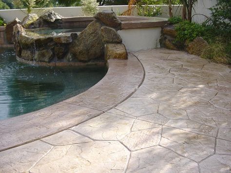 Tan, Stone Concrete Pool Decks Super-Krete Spring Valley, CA - use other link, replace... with other link Pool Decking Concrete, Concrete Landscaping, Concrete Stamp, Pool Makeover, Tan Stone, Deck Pictures, Concrete Patio Designs, Types Of Concrete, Pool Remodel