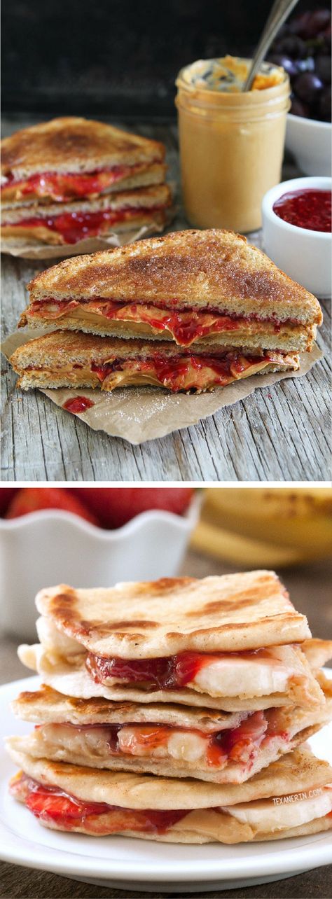 Peanut Butter Jelly Recipes for Kids - twists on the classic sandwich | Creative PBJ variations for breakfast, lunch, snack or a treat | Easy ideas for picky eaters - make food fun! Peanut Butter Lunch Ideas, Peanut Butter Sandwich Variations, Sandwich Creative, Peanut Butter Jelly Recipes, Peanut Butter Jelly Sandwich, Sandwich Easy, Preschool Lunch, Cooking Mama, Classic Sandwich