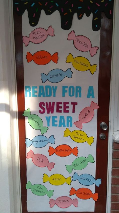 Back To School Bulletin Board & Classroom Door Decor - RecipeMagik Classroom Doors Ideas Back To School, Preschool Classroom Doors Ideas, Class Doors Ideas, All About Me Preschool Door Decoration, Year 2 Classroom Door Ideas, Door Ideas For Classroom Back To School, Ready For A Sweet Year Classroom Door, Classroom Door Decorations Preschool, Easy Back To School Door Ideas