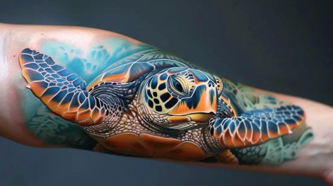 Sea Turtle Tattoo With Color, Green Sea Turtle Tattoo, Turtle Tattoo Realism, Color Sea Turtle Tattoo, Realism Sea Turtle Tattoo, Cow Skull Tattoos, Beautiful Angel Tattoos, Honey Bee Tattoo, Floral Tattoo Shoulder