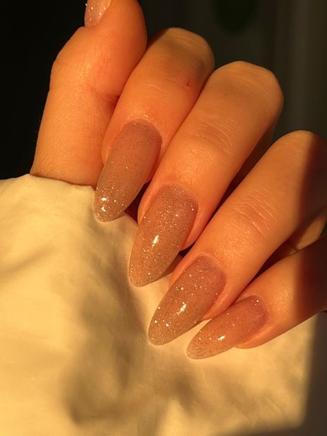 Sparkly Tan Nails, Sparkle Brown Nails, Beige Sparkle Nails, Glitter Brown Nails, Nude Sparkle Acrylic Nails, Brown Sparkly Nails, Nails Almond Shape, Tan Nails, Almond Shape