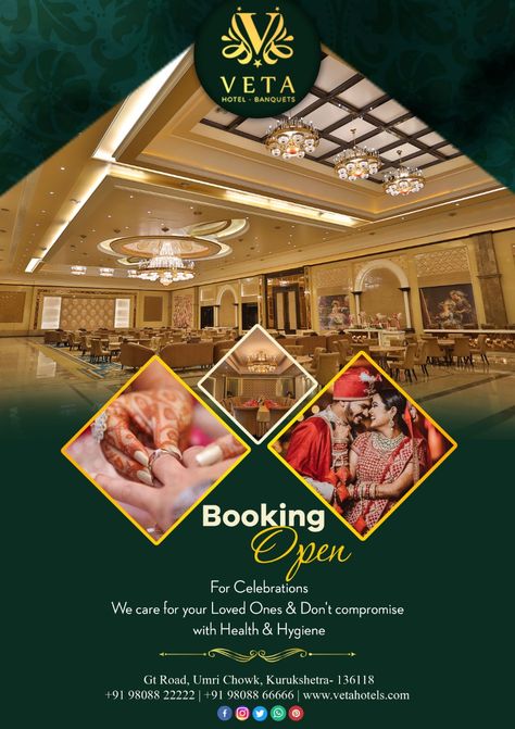 We are open for Bookings !!! Come celebrate with us. We provide better prices & exceptional experiences.   #BookingAreOpen #EnjoyCelebration #VETA #Hotel #Banquets #Kurukshetra Hotel Advertising Design, Hotel Poster Design, Event Planning Flyer, Hotel Marketing Design, Hotel Advertisement, Hotel Ads, Promo Flyer, Education Poster Design, Voucher Design