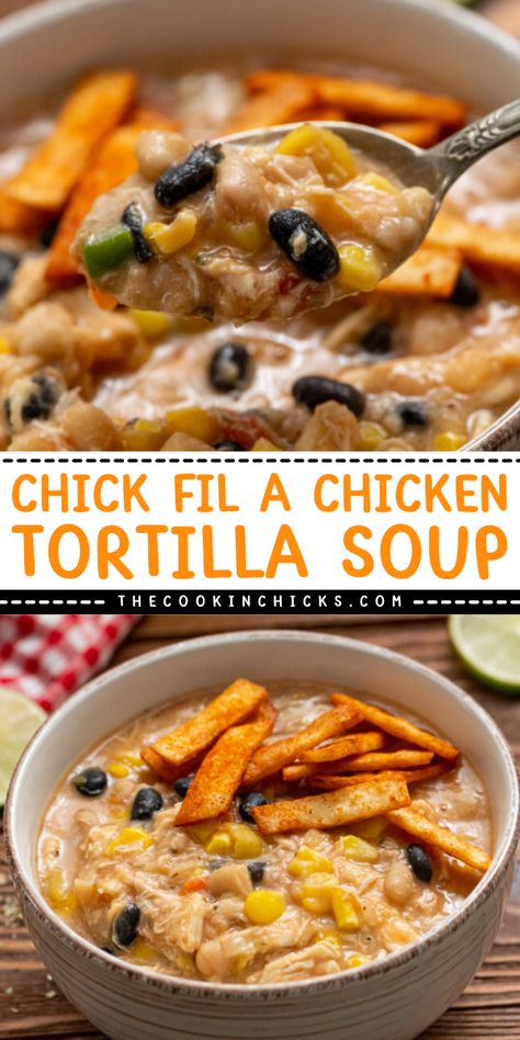 Enjoy this flavorful Chick Fil A Chicken Tortilla Soup at the comfort of your home. This easy soup idea is a perfect comfort food for dinner. It's warm and hearty dish that is packed with flavors on every bite. Prepare this easy to make soup for your family and friends. You will never go wrong with it! Comfort Soups, Creamy Chicken Tortilla Soup, Copycat Chick Fil A, Chicke Recipes, Chicken Tortillas Soups Recipe, Tortilla Soup Recipe, Cozy Dinner, Fall Comfort Food, Easy Chicken Dinner Recipes