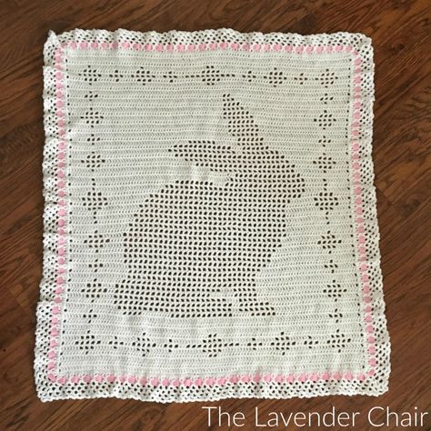 Filet Bunny Blanket - Free Crochet Pattern - The Lavender Chair Bunny Blanket Crochet, Lavender Chair, The Lavender Chair, Vintage Toddler Dress, Crochet Tote Pattern, Crochet Patterns Filet, Fingerless Gloves Crochet Pattern, Bunny Blanket, Elephant Blanket