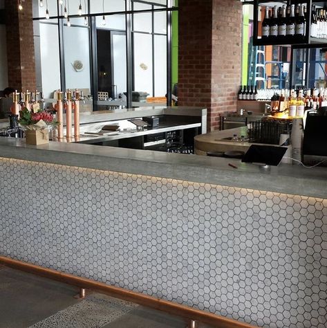 Concrete Bar Top Restaurant, Concrete Bar Design, Concrete Bar Counter, Concrete Bar Top, Basement Remodel Ideas, Bar Tile, Laminate Tile Flooring, Concrete Bar, Basement Guest Rooms